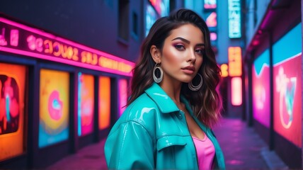 Wall Mural - Beautiful young fashionable stylish hispanic woman in urban outfit posing in neon lights background from Generative AI