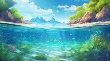 Underwater Aquatic Fresh Water Ecosystem With Blue Water And Sunlight Rays Trough Water Surface Anime Background Illustration