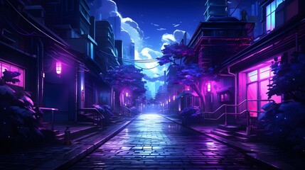 Tokyo City Alleys at Night, magenta, purple, neon, 3D anime illustration style