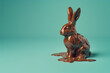 Chocolate Easter bunny rabbit melting into a chocolate puddle on a turquoise background. The playful spirit of the holiday. Copy space. Easter concept.
