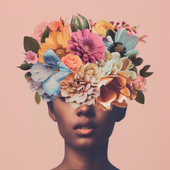 Abstract contemporary art collage portrait of young woman with flowers, retro colors. Gender equality