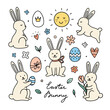 Easter bunny vector clipart. Cute doodle rabbits and easter eggs on white background. Easter hand drawn illustrations