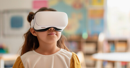 Young girl using virtual reality headset indoors, kid learning in school classroom