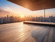 Empty wooden deck with modern city skyline in the background at sunset.