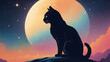 Cat sitting on a rock in front of the full moon, illustration, wallpaper, gift card, banner