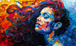 Vibrant geometric mosaic of a woman's profile with flowing hair, encapsulating creativity, diversity, and the essence of modern digital art expression