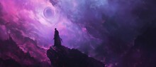 A Sorcerer With Magic Gate Opened In Pink Purple Cloud On Top Of Mountain Peak, Fantasy Scenery Background Wallpaper, Ai Generated