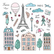 Cute Paris clipart. Hand drawn french style illustrations. Paris vector set in pastel colors