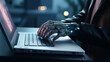 close up of modern AI robotic hand typing on laptop, futuristic artificial intelligence technology, AI replacing humans concept