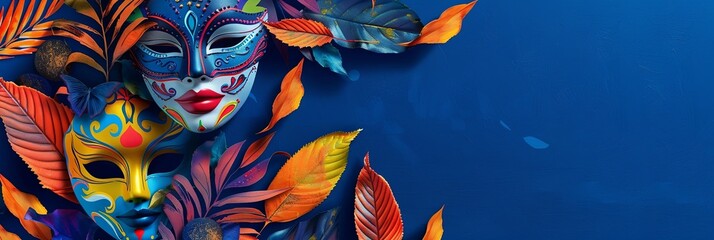 Wall Mural - bright and colorful masks and colorful leaves on a blue background