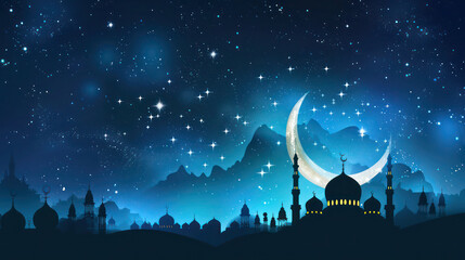 Wall Mural - Mosque minaret moon Ramadan Eid postcard template copy space