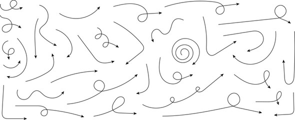 Hand drawn dotted arrows. Simple curved arrows set isolated on white background. Zigzag arrow stripes design with lines. Doodle, sketch style. Vector illustration