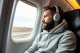 Fototapeta  - a man with a beard wearing headphones flies on an airplane and looks out the window. Comfortable flight. Journey. Business trip.