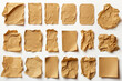 Collection real brown paper torn or ripped pieces of paper on white background