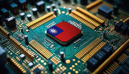 Wall Mural - Taiwan flag on a processor, CPU or microchip on a motherboard. Concept for the battle of global microchips production.