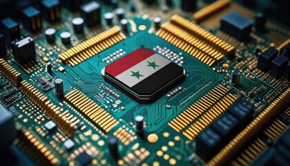 Wall Mural - Syria flag on a processor, CPU or microchip on a motherboard. Concept for the battle of global microchips production.