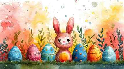 Wall Mural - easter theme background, beautiful watercolor design with eggs and bunny and leaves 