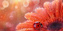 Macro Photography Of Ladybug On Moist Red Flower Petal With Blurred Background. Concept Macro Photography, Ladybug, Red Flower, Blurred Background, Moist Petal