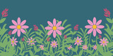Fototapeta Maki - Spring horizontal banner with Floral Frame. Flowers background in trendy vintage style. Nature backdrop with Copy Space. Vector illustration can used web design. EPS 10