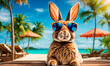 bunny with glasses on a background of palm trees. Selective focus.