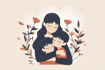 mother hugs her two children, flowers on background, simple flat design illustration, floral mother'