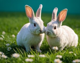 Little cute rabbits on the lawn. AI generation