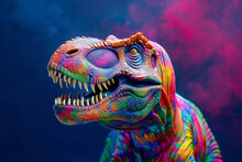 Bright Multi-colored Dinosaur Tyrannosaurus. Rainbow Colors On A Bright Multicolored Background. Banner With Place For Text. Beautiful Postcard And Advertisement. Funny Animals