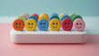 imagen sencilla, de colores suaves,  de pastillas de colores con dibujos de caras sonrientes 