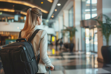 Wall Mural - Businesswoman with luggage doing check-in at the modern hotel lobby