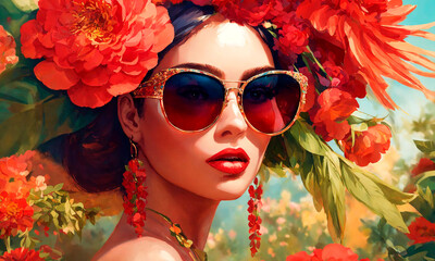 Wall Mural - Fashion woman wears huge sunglasses and red flowers jewelry. Paint drawing. Selective focus.