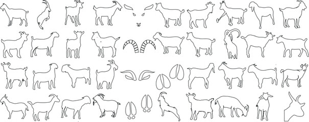 Wall Mural - Goat outline collection, various goat poses, standing, walking, jumping. Perfect for logo design, branding, illustrations. Simple, detailed sketches, black white silhouette, graphic vector