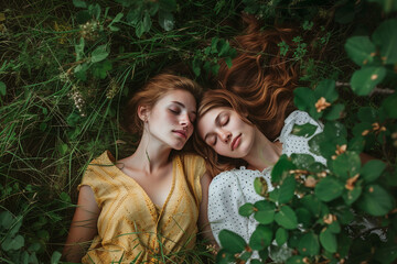 two caucasian women, laying on green forest ground with floral pattern decoration