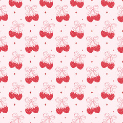 Coquette strawberry with bow seamless pattern, retro vintage background isolated.