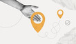 © accogliente - Trendy Halftone Collage with Hand and two pin location. Contemporary art with position element. Delivery route. Travel way and find trip. GPS point navigation. Transport logistic. Vector illustration