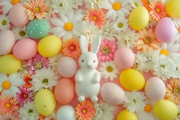 Wall Mural - Happy Easter Eggs visual effect. Bunny in flower Illustration Styles decoration. Cute hare 3d renewed faith rabbit illustration. Holy week Splash of color card hand scripted message