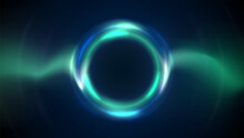 Blue Green Circular Light Frame On Dark Background. Shining Light Ring. Glowing Green Blue Circle. Stage Backdrop. Abstract Background For Displaying Products, Text, Copy Paste. Vector Illustration