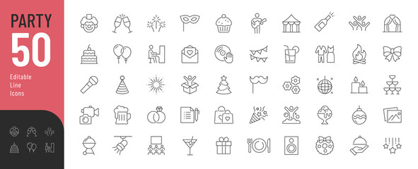 Party Line Editable Icons set. Vector illustration in modern thin line style of events related icons: life music, Christmas, birthday, wedding party, and more. Isolated on white