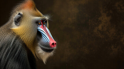 Wall Mural - banner of a mandrill on blured nature background, with empty copy space