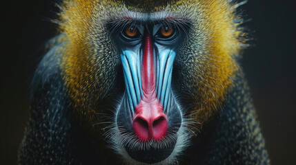 Wall Mural - banner of a mandrill on blured nature background, with empty copy space