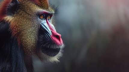Wall Mural - banner of a mandrill on blured nature background, with empty copy space