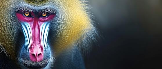 Wall Mural - banner of a mandrill on blured nature background, with empty copy space