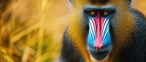 Wall Mural - banner of a mandrill on blured nature background, with empty copy space