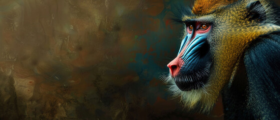 Wall Mural - banner of a mandrill on blured nature background, with empty copy space