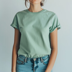 Wall Mural - Light green T-shirt Mockup, Woman, Girl, Female, Model, Wearing a Light Green Tee Shirt and Blue Jeans, Blank Shirt Template, White Background, Close-up View