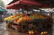 A fruit stands in wet market, fresh, bountiful, colorful, AI generated
