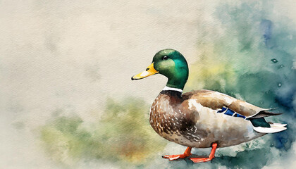 Wall Mural - Duck, watercolor art, canvas background, copy space on one side