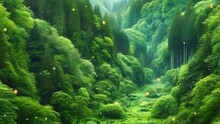Green Forest With Golden Flying Sparkles. Nature Background.