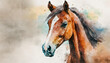 Horse, watercolor art, canvas background, copy space on one side