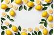 Lemons frame on background. Top view of fresh lemons on a background with a place for the banner text. Heap of fresh, ripe lemons. Space for text