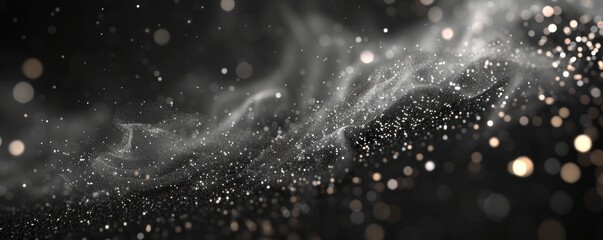 Wall Mural - Glitter and shimmery flashes, Moving magic on a black background, Gray smoke particles
